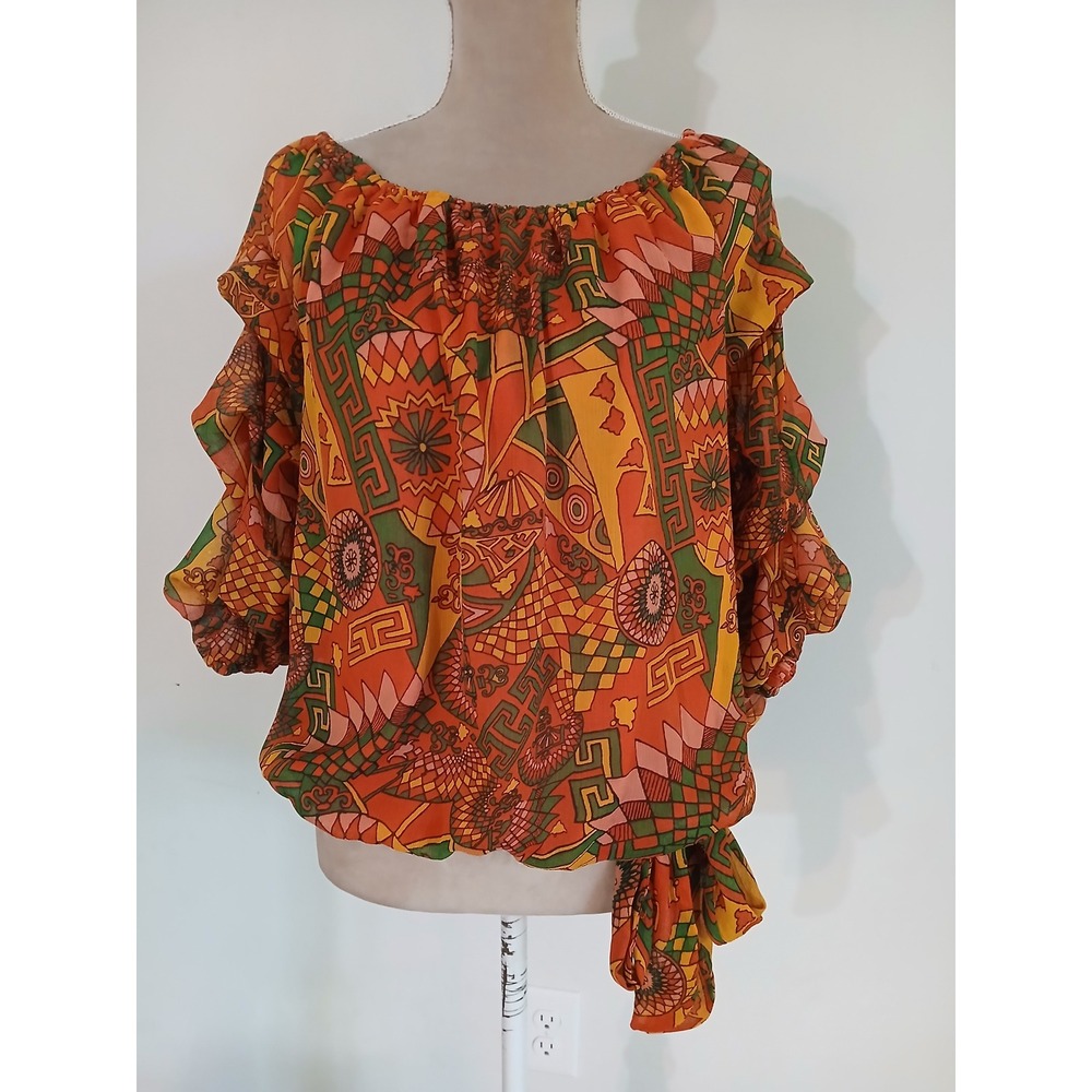 CeCe Womens Orange Geometric Print Off Shoulder Ruffle Sleeve Tie Hem Blouse L